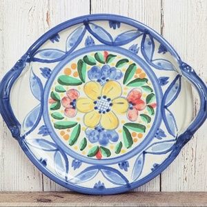 Vintage Mexican Pottery Platter Serving Plate Tray Handles Blue Floral Flower